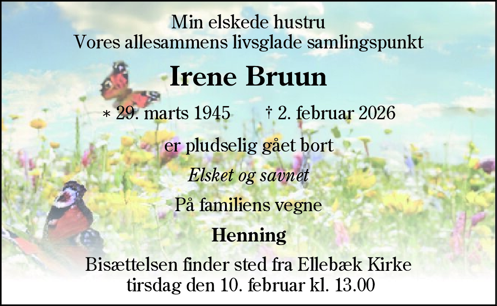 Dødsannonce for Irene Bruun