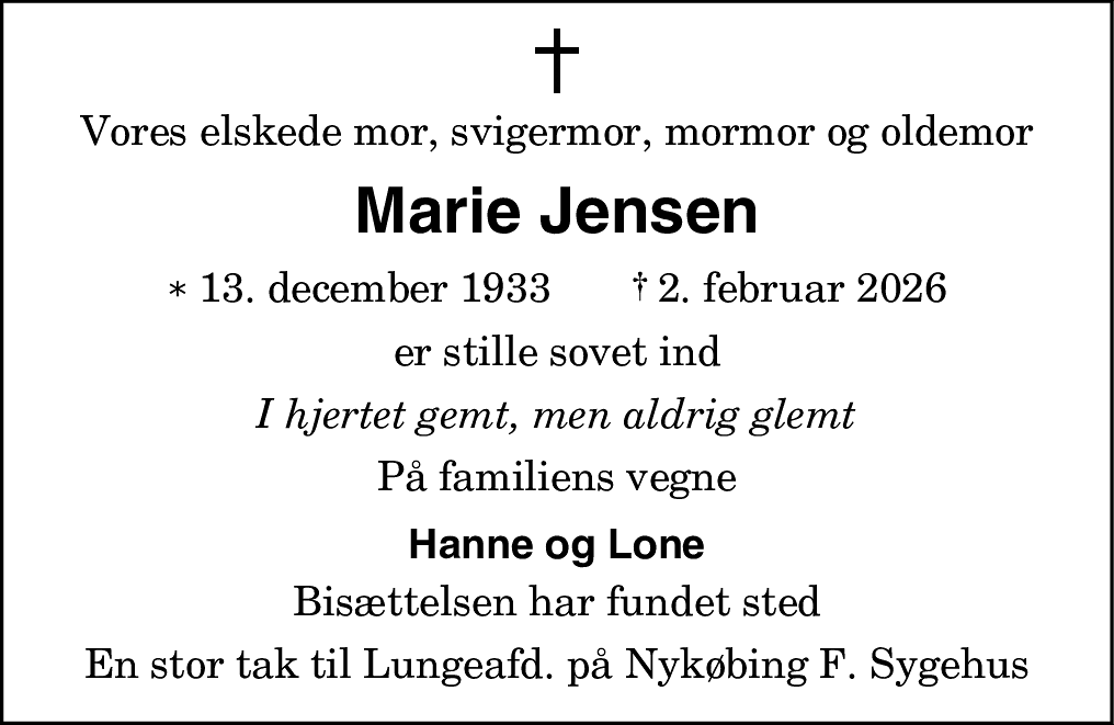 Dødsannonce for Marie Jensen