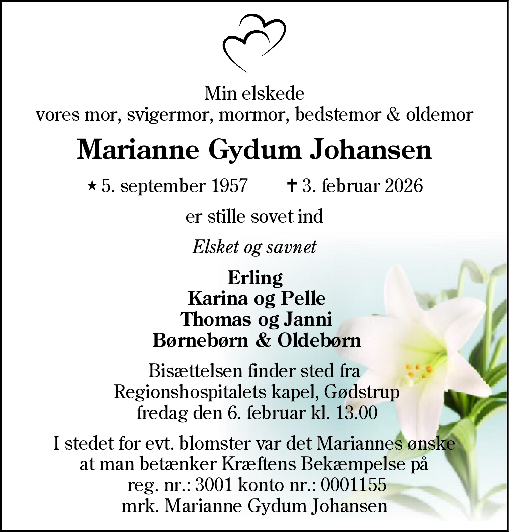 Dødsannonce for Marianne Gydum Johansen