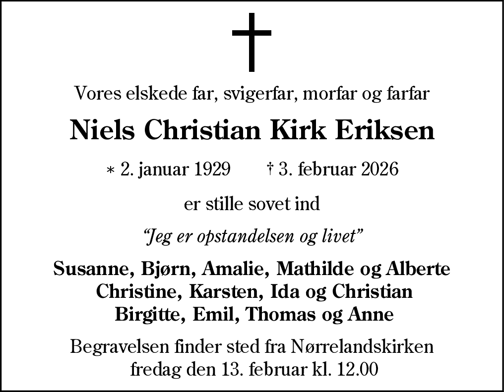 Dødsannonce for Niels Christian Kirk Eriksen