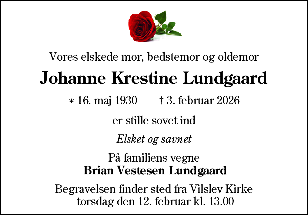 Dødsannonce for Johanne Krestine Lundgaard