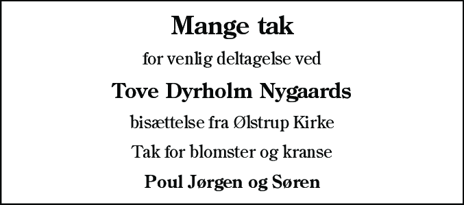Dødsannonce for Tove Dyrholm Nygaard