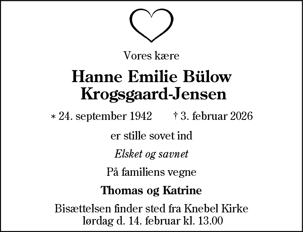 Dødsannonce for Hanne Emilie Bülow Krogsgaard-Jensen