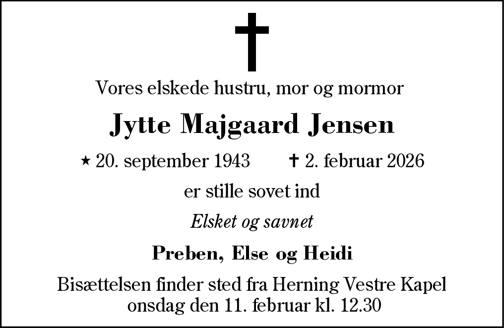 Dødsannonce for Jytte Majgaard Jensen