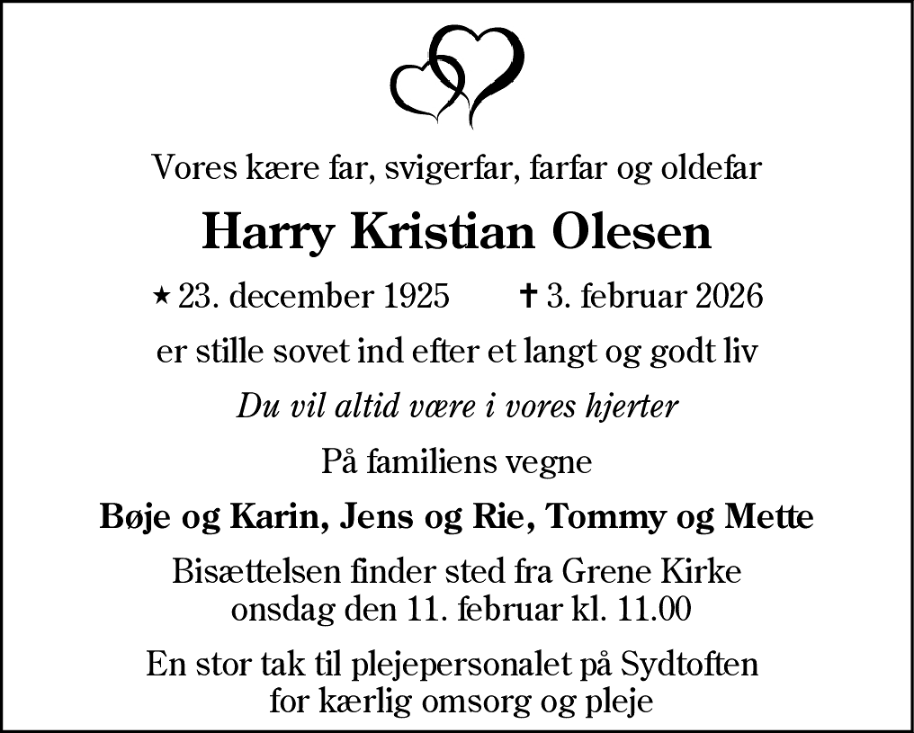 Dødsannonce for Harry Kristian Olesen