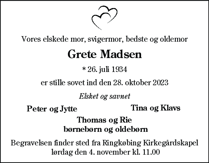 Dødsannonce for Grete Madsen