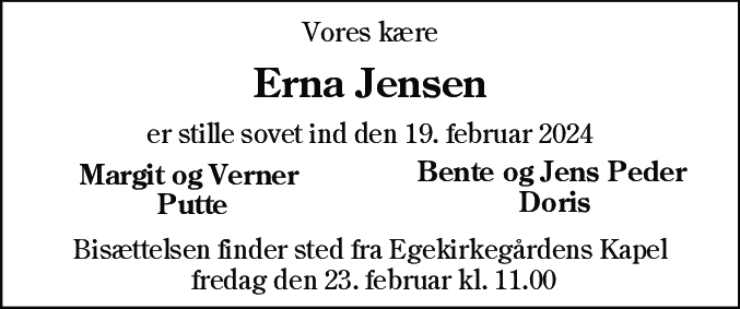 Dødsannonce for Erna Jensen