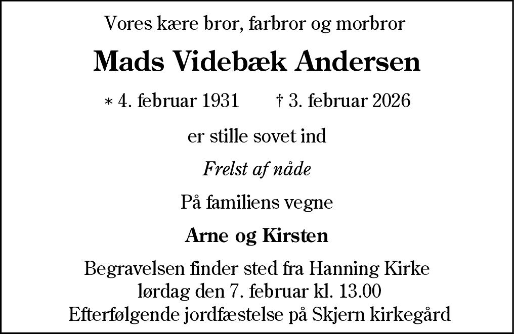 Dødsannonce for Mads Videbæk Andersen