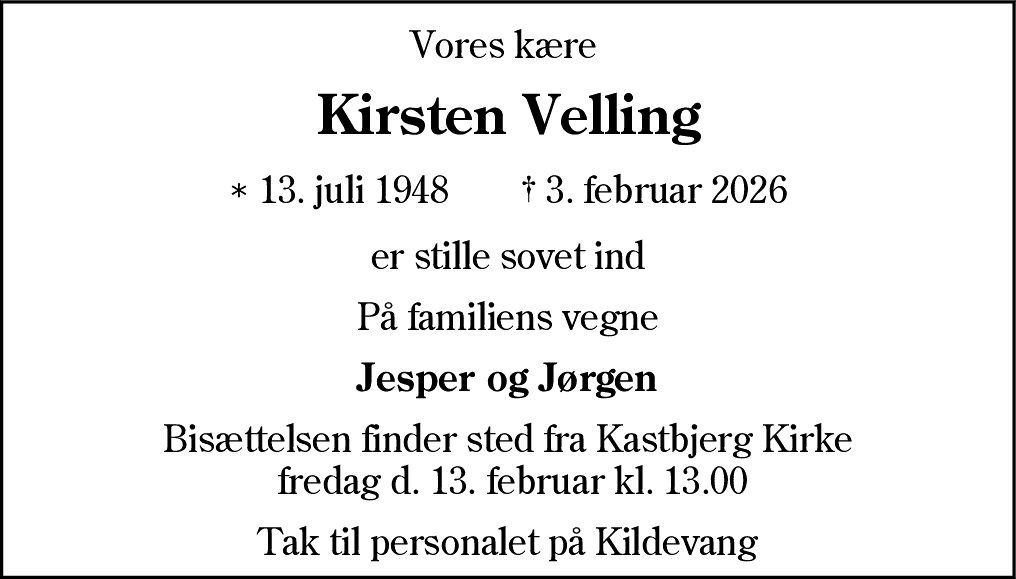 Dødsannonce for Kirsten Velling