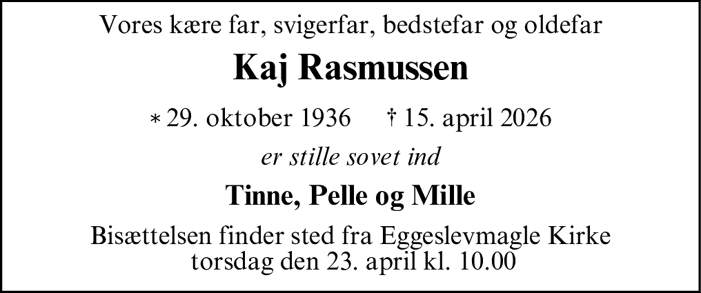 Dødsannonce for Kaj Rasmussen