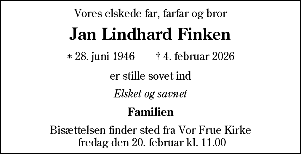 Dødsannonce for Jan Lindhard Finken