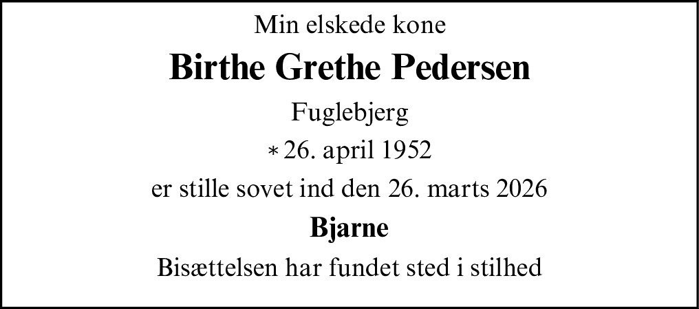 Dødsannonce for Birthe Grethe Pedersen