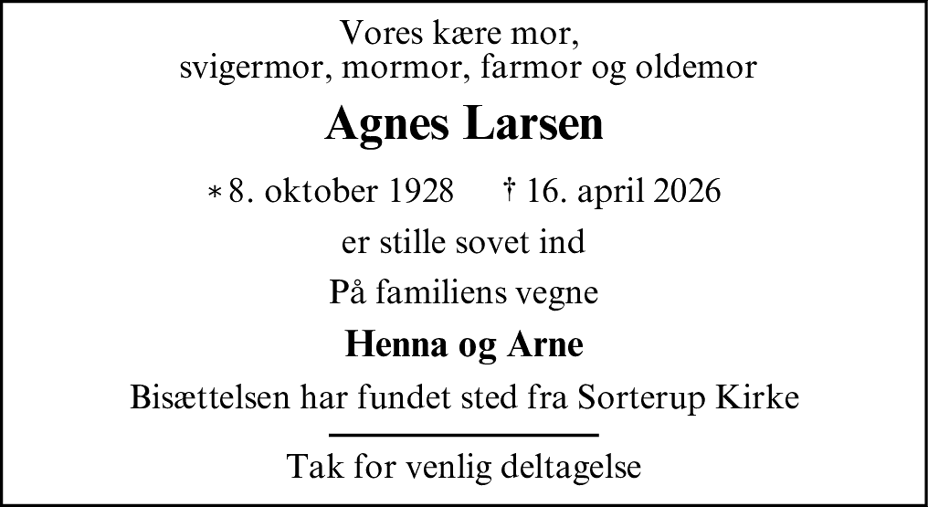 Dødsannonce for Agnes Marie Larsen