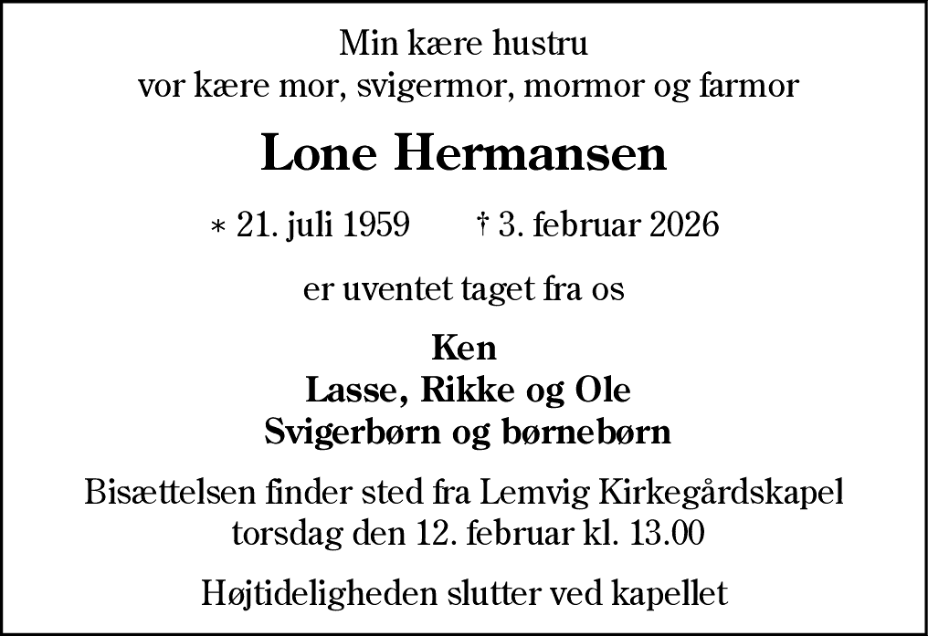 Dødsannonce for Lone Hermansen