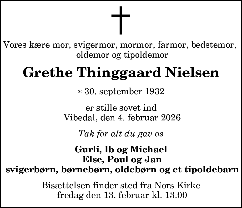 Dødsannonce for Grethe Thinggaard Nielsen