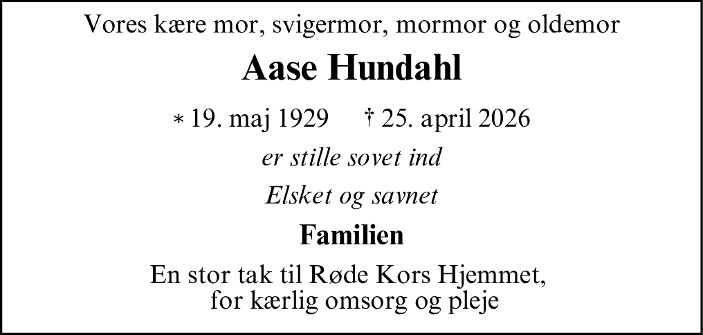 Dødsannonce for Aase Hundahl