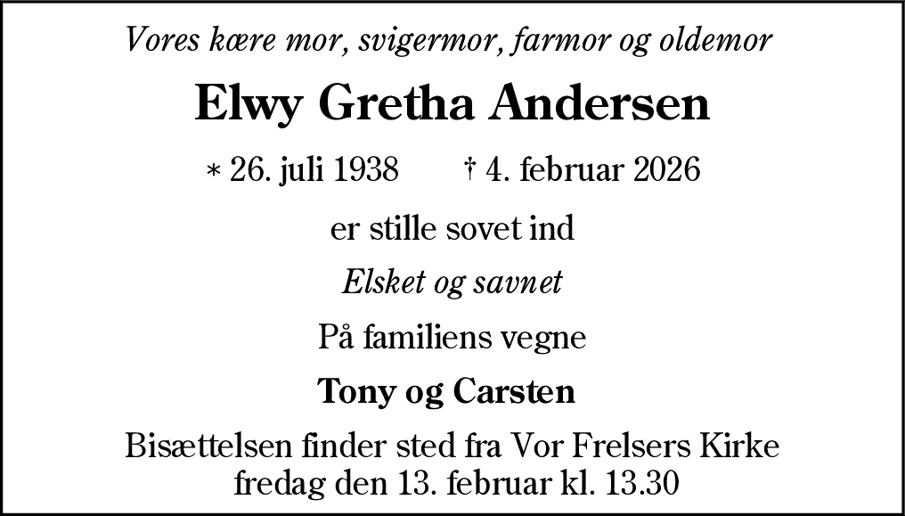Dødsannonce for Elwy Gretha Andersen