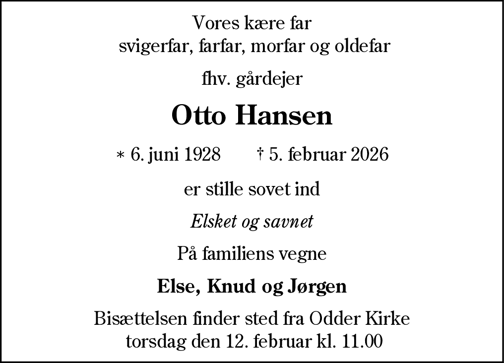 Dødsannonce for Otto Hansen