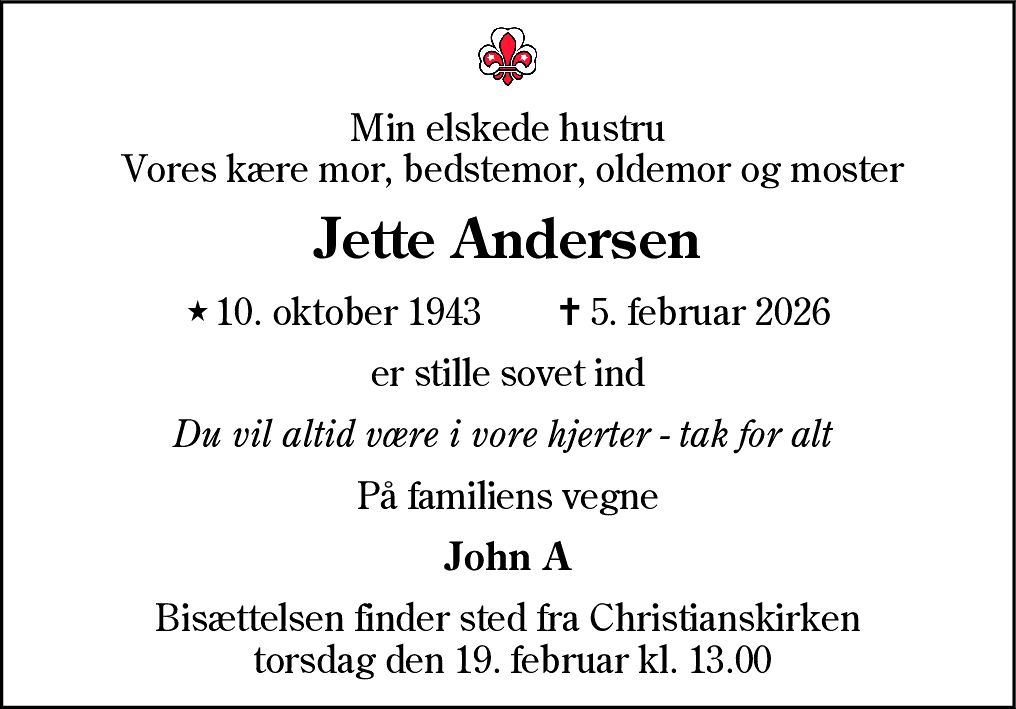 Dødsannonce for Jette Andersen