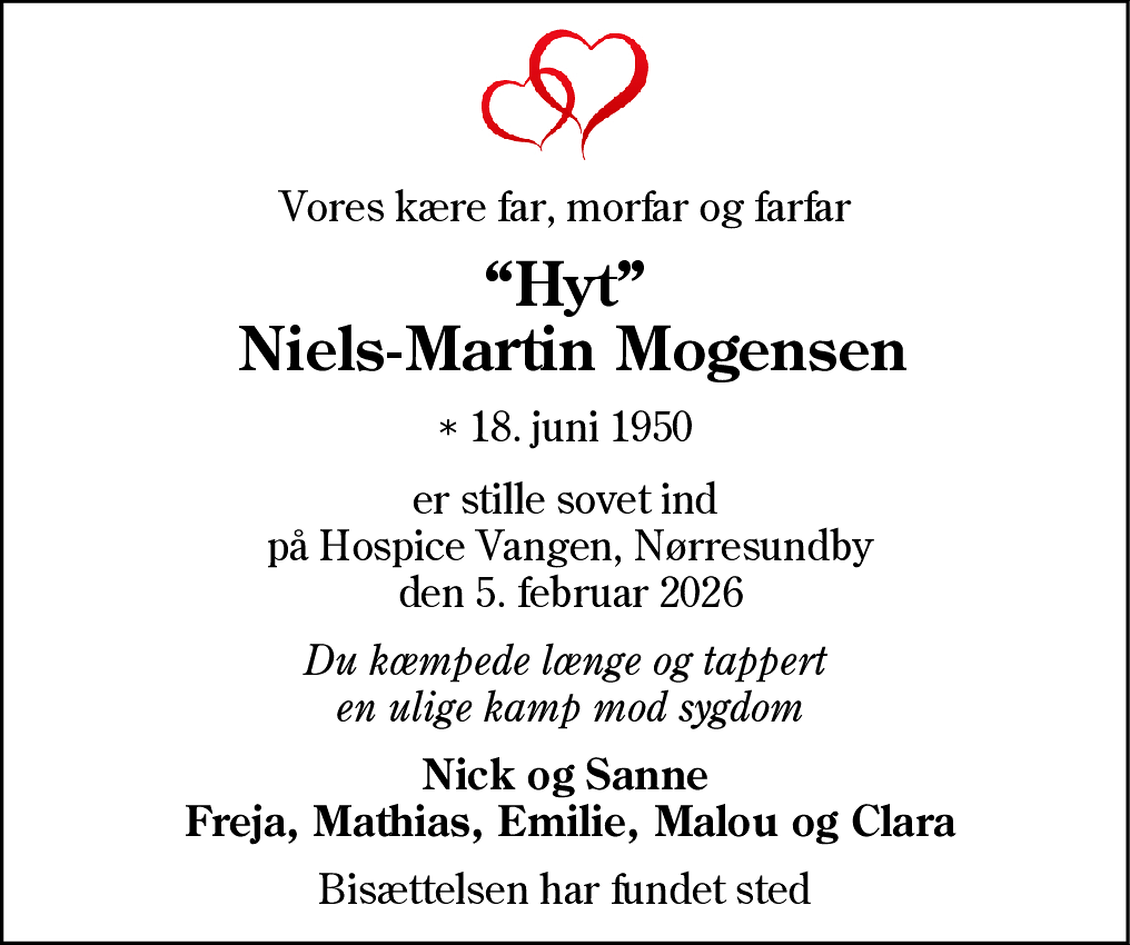 Dødsannonce for Niels Martin Mogensen