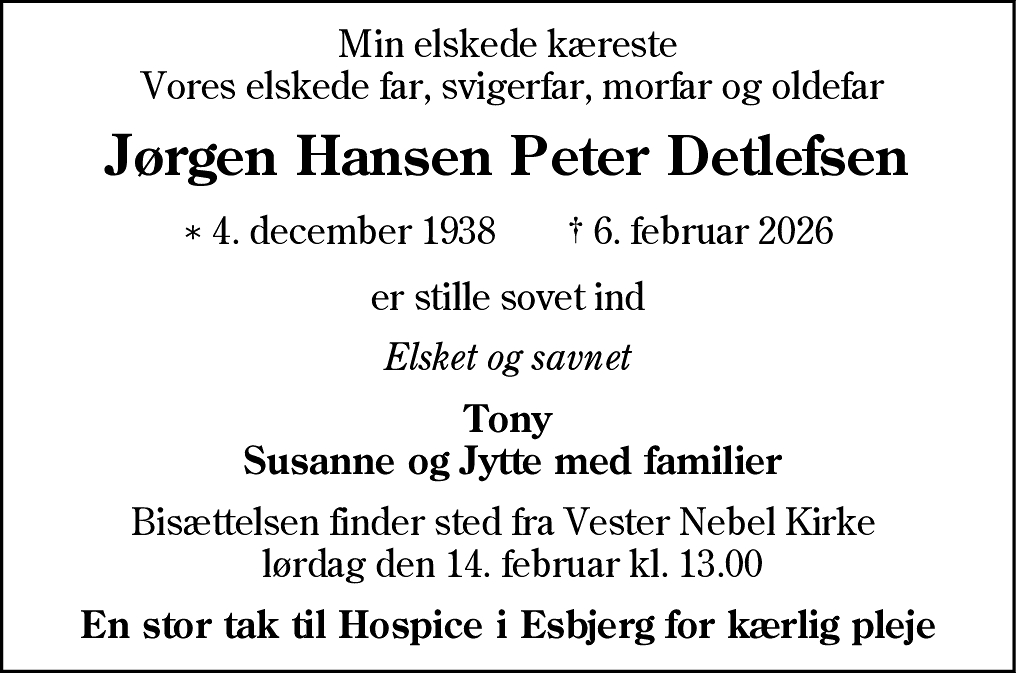 Dødsannonce for Jørgen Hansen Peter Detlefsen