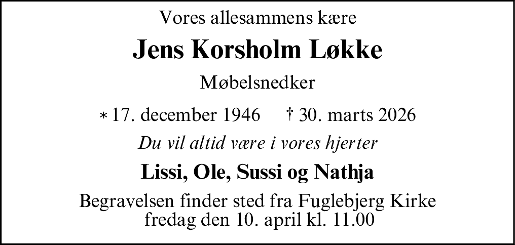 Dødsannonce for Jens Korsholm Løkke