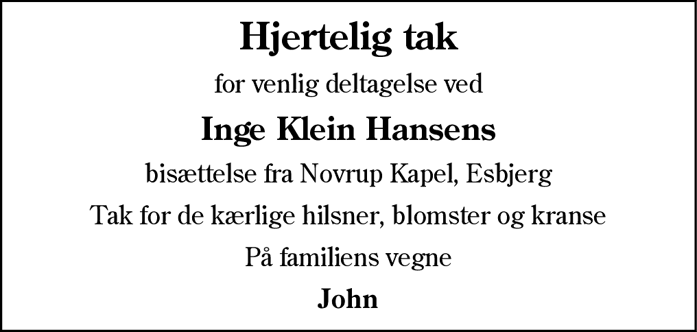 Dødsannonce for Inge Klein Hansen
