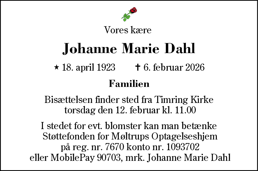 Dødsannonce for Johanne Marie Dahl