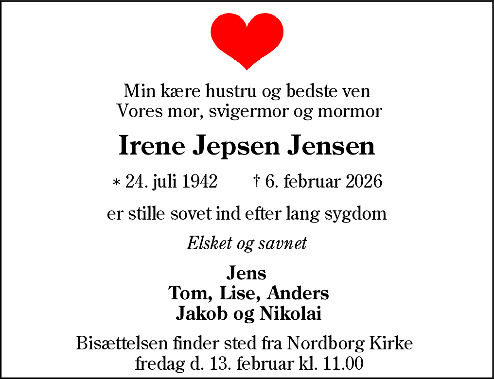 Dødsannonce for Irene Jepsen Jensen