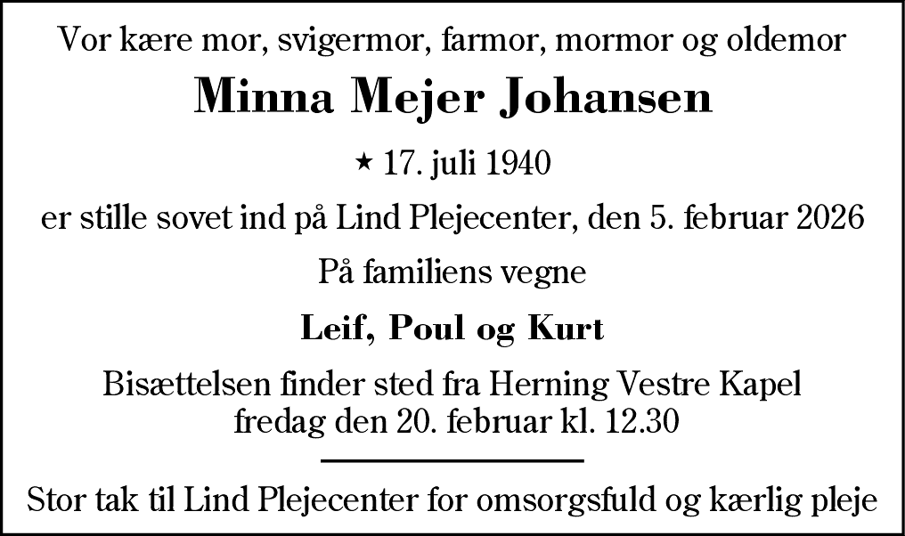 Dødsannonce for Minna Kirstine Johansen