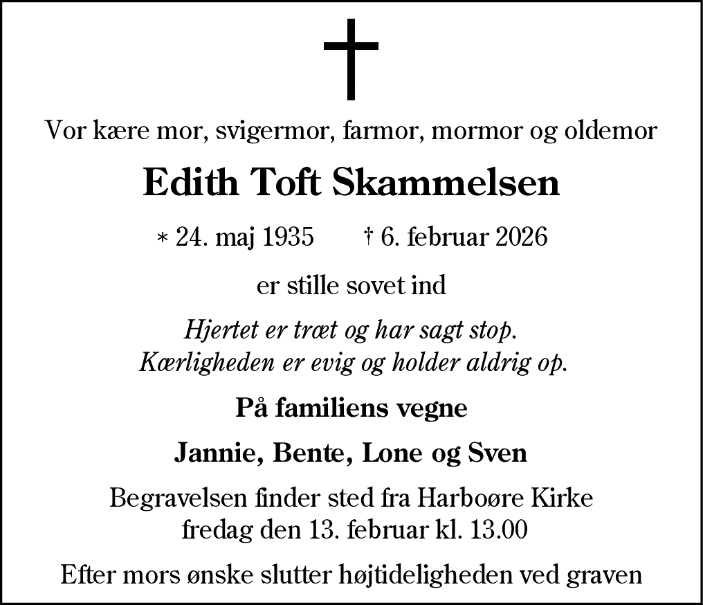 Dødsannonce for Edith Toft Skammelsen