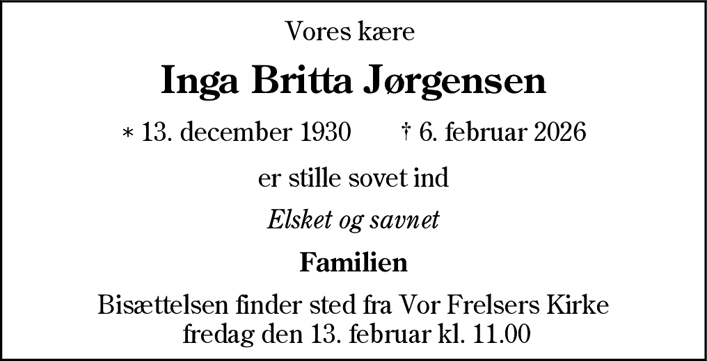 Dødsannonce for Inga Britta Jørgensen