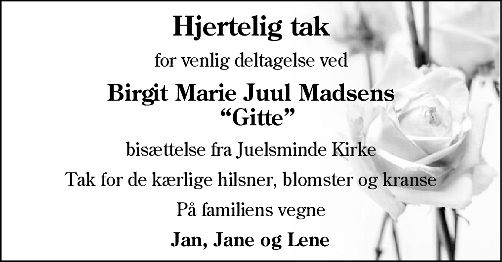 Dødsannonce for Birgit Marie Juul Madsen
