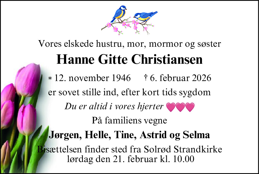Dødsannonce for Hanne Gitte Christiansen