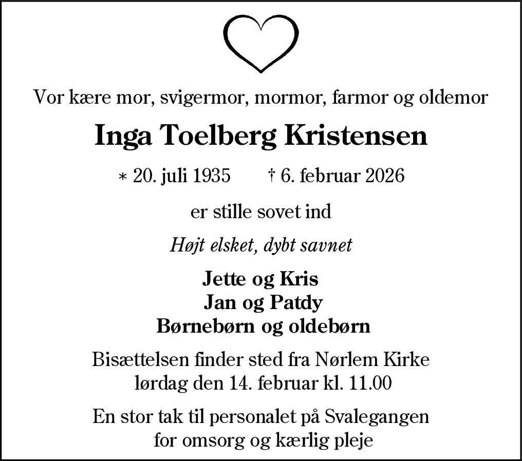 Dødsannonce for Inga Kristensen