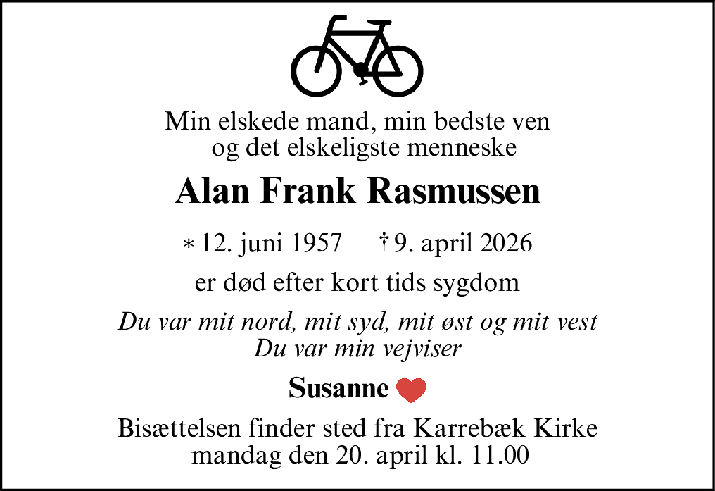 Dødsannonce for Alan Frank Rasmussen