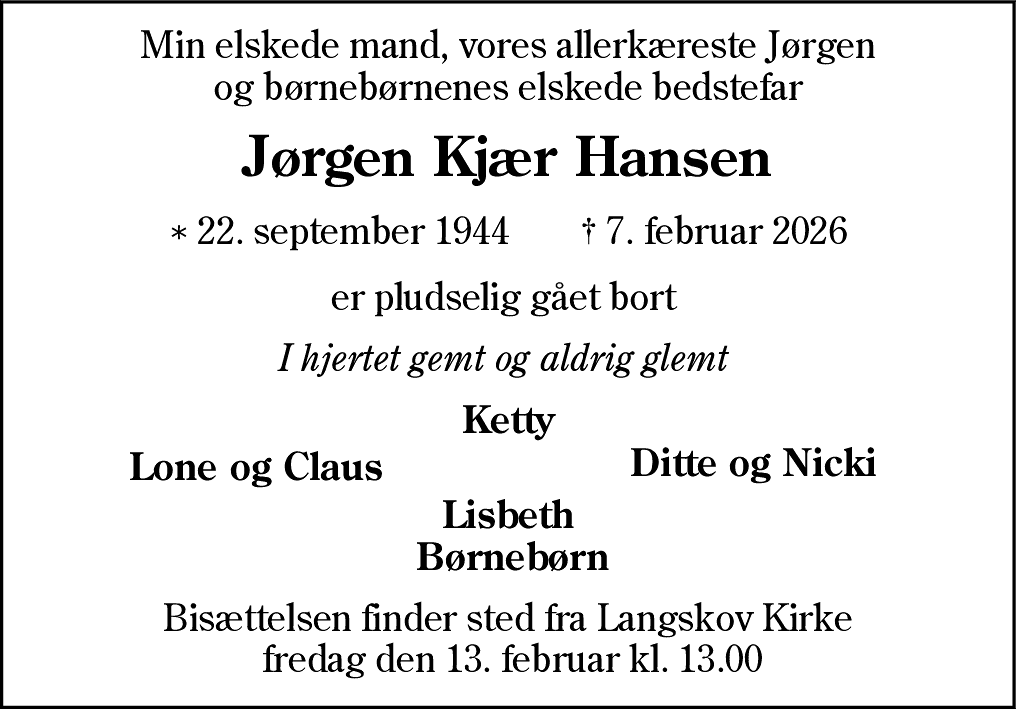 Dødsannonce for Jørgen Kjær Hansen