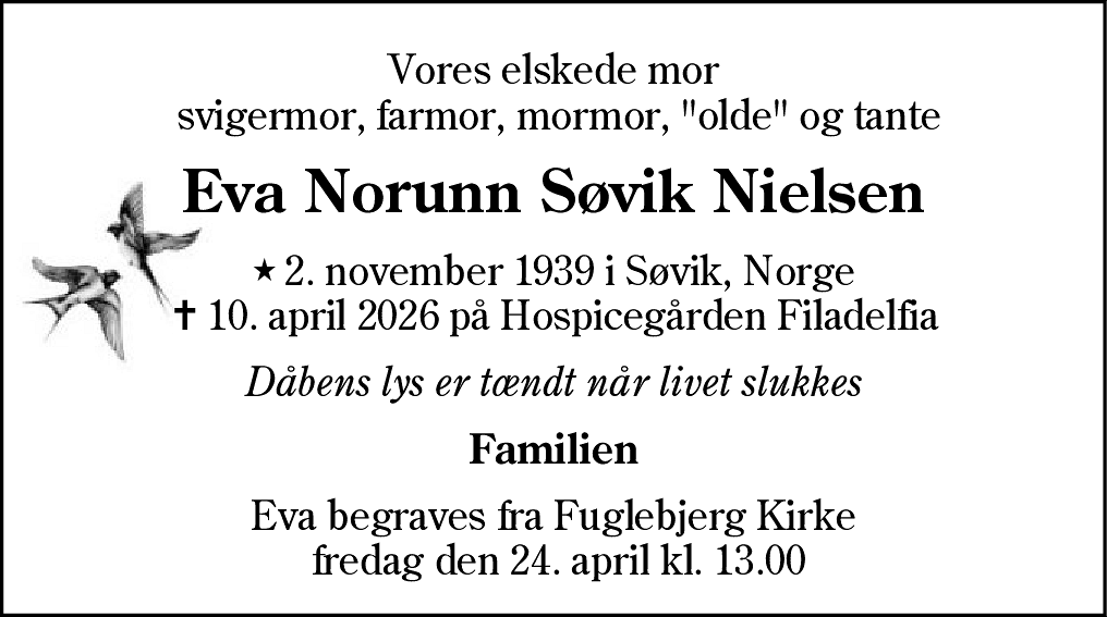 Dødsannonce for Eva Norunn Søvik Nielsen