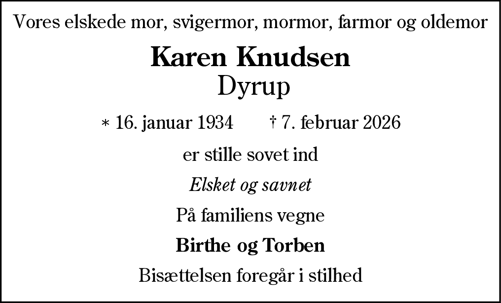 Dødsannonce for Karen Rigmor Knudsen
