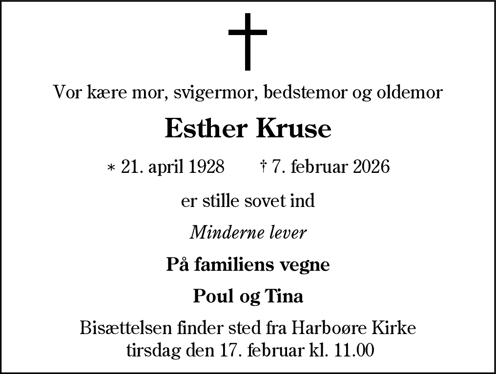 Dødsannonce for Esther Kirstine Bruun Kruse