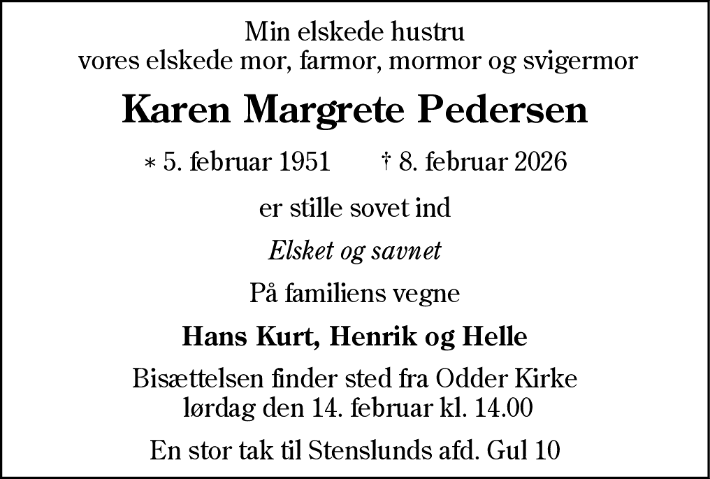Dødsannonce for Karen Margrete Pedersen