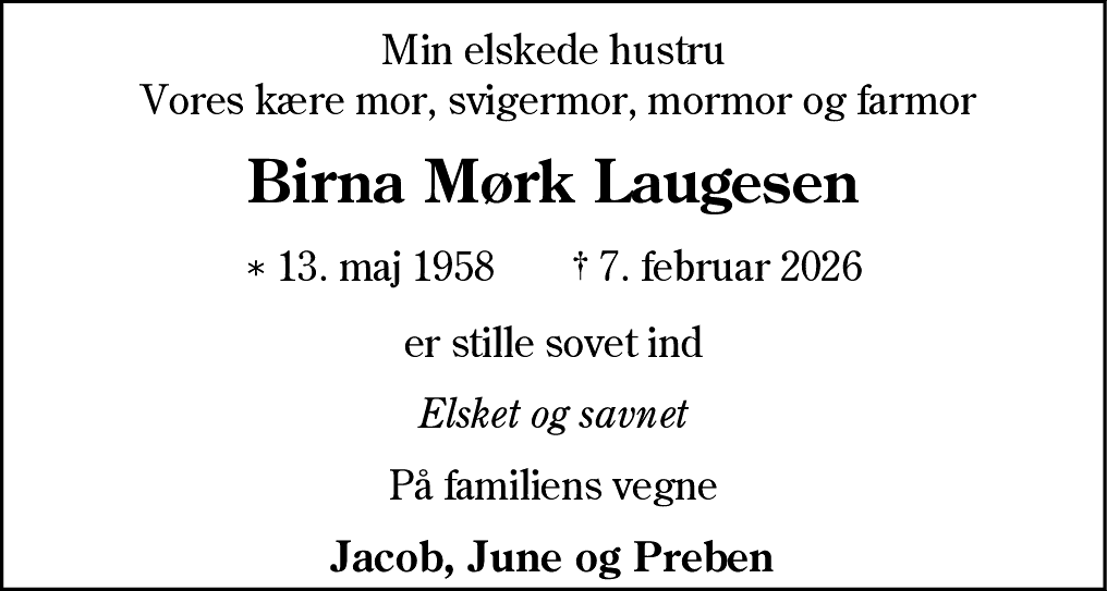 Dødsannonce for Birna Laugesen