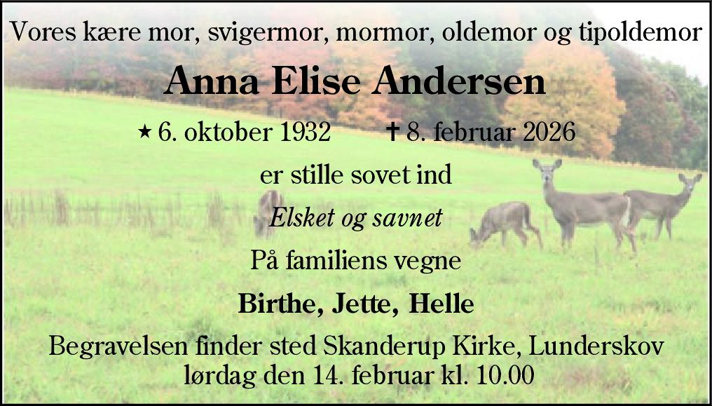 Dødsannonce for Anna Elise Andersen