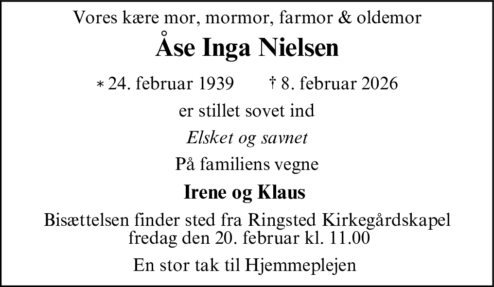 Dødsannonce for Åse Inga Nielsen