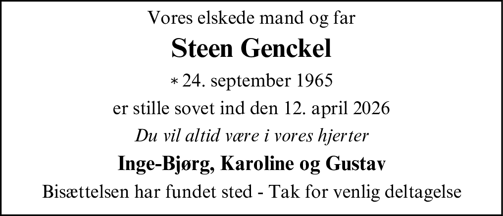 Dødsannonce for Steen Genckel