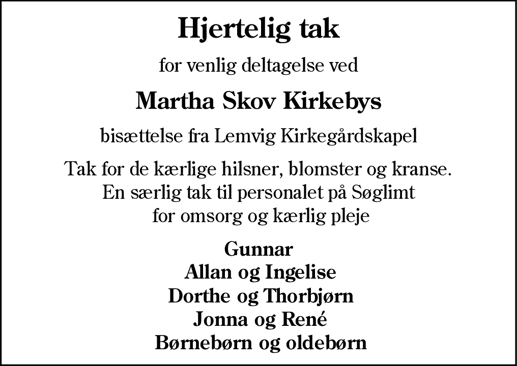 Dødsannonce for Martha Skov Kirkeby