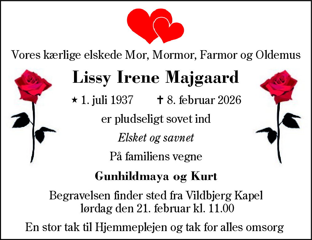 Dødsannonce for Lissy Irene Majgaard