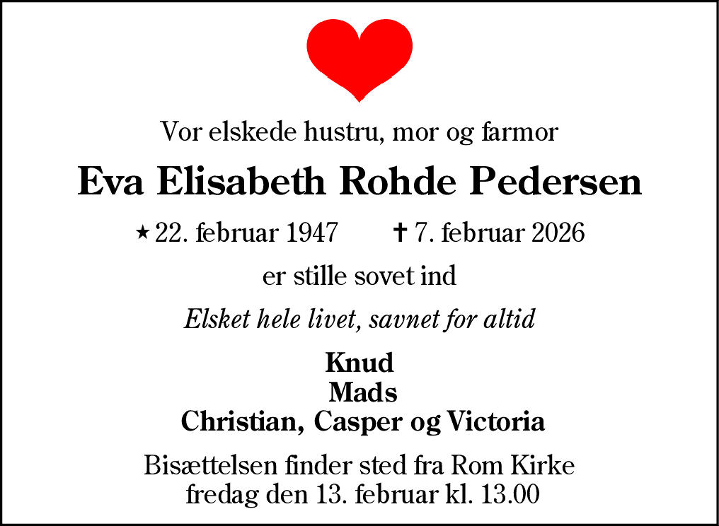 Dødsannonce for Eva Elisabeth Rohde Pedersen