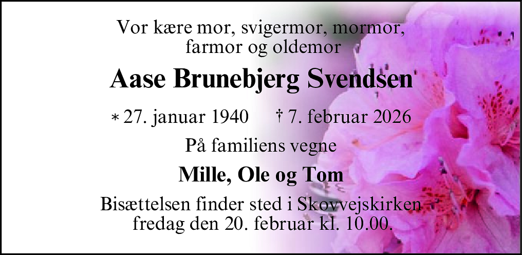 Dødsannonce for Aase Brunebjerg Svendsen