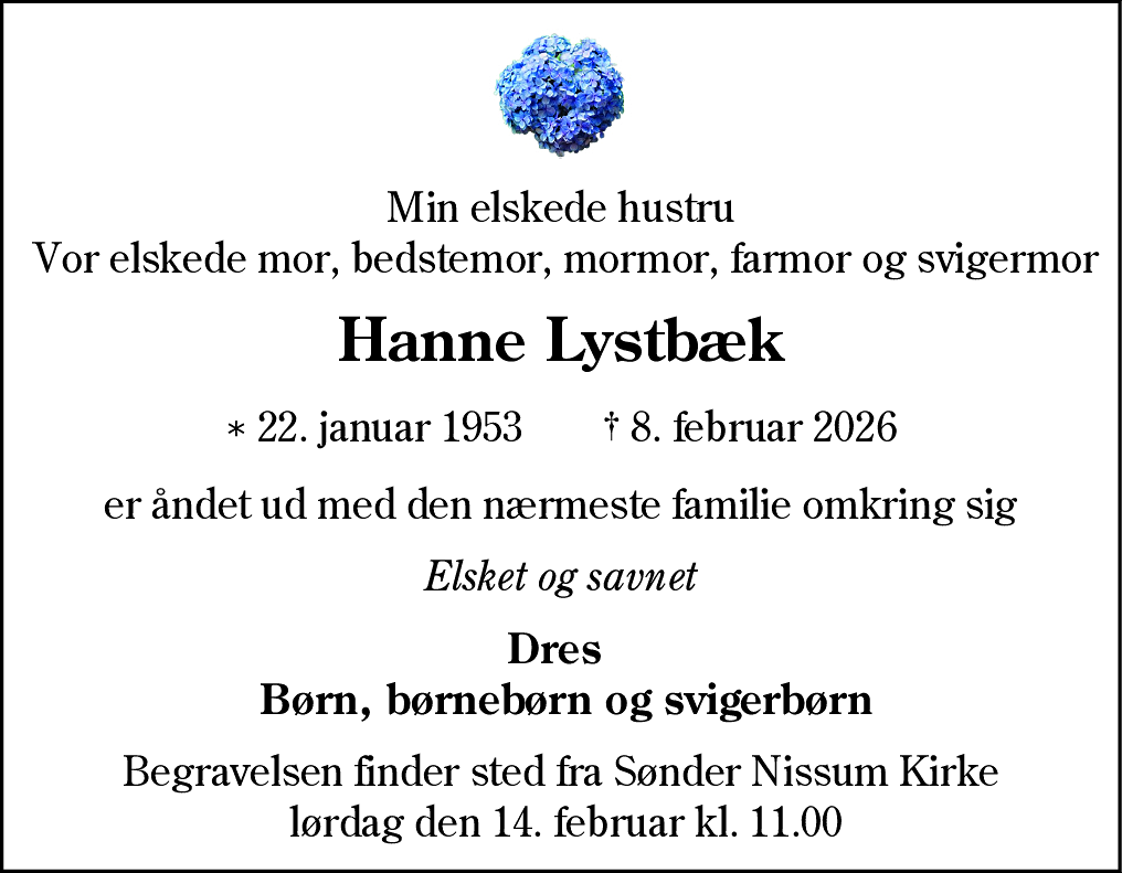 Dødsannonce for Hanne Lystbæk